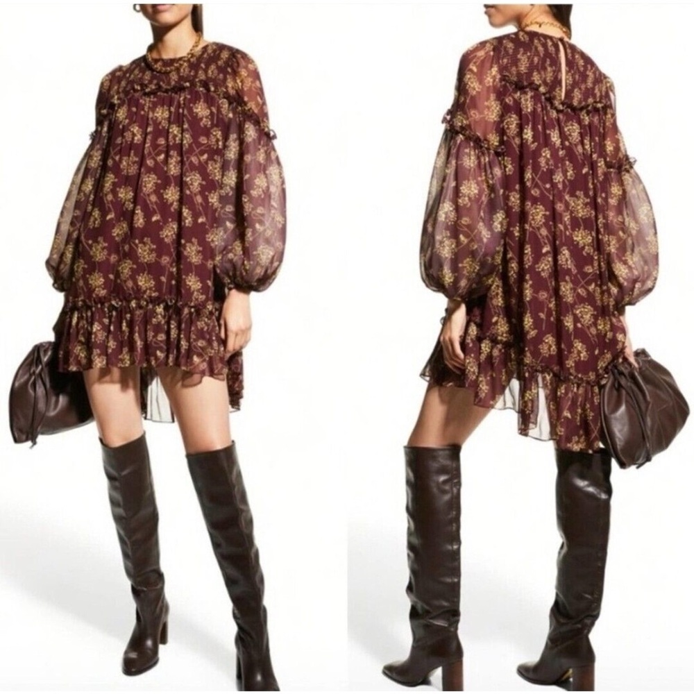 CINQ A SEPT Shift style balloon sleeve dress burgundy size 6